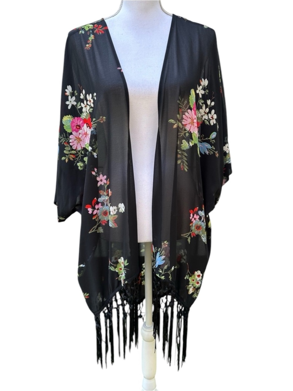 Xhilaration / Black & Floral Sheer Fringe Duster / Medium - Large / Whimsigoth